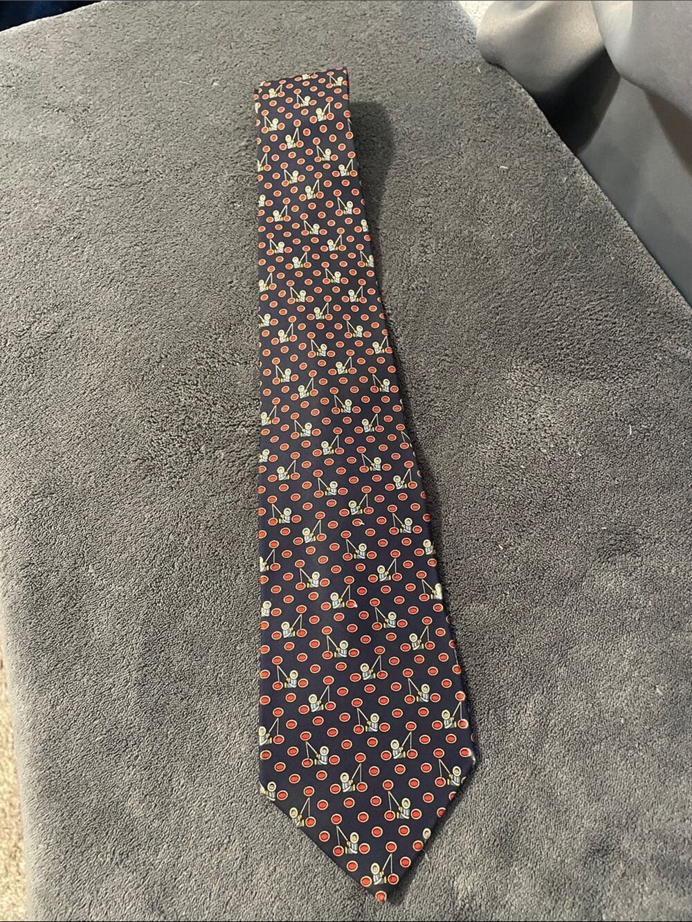 Men's Navy Silk Tie with Fishing Pattern Salvatore Ferragamo NWOT
